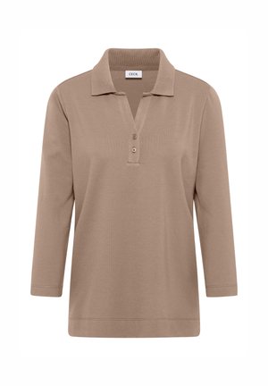 Beige Langärmliges Poloshirt mit V-Ausschnitt, drei-Knopf-Leiste und geripptem Kragen. Hergestellt aus weichem, leichtem Stoff.