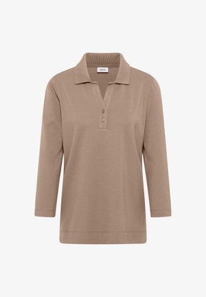 Beige langemouwen polo met een V-hals, drie-knopen knoopsluiting en ribgebreide kraag. Gemaakt van zachte, lichte stof.