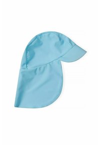 Chapeau de soleil bleu clair en tissu lisse, avec un large dos prolongé pour une meilleure protection et un petit bord incurvé.
