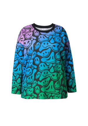 Sudadera de manga larga con un degradado multicolor de caras sonrientes en tonos de azul, verde y púrpura sobre un fondo negro.
