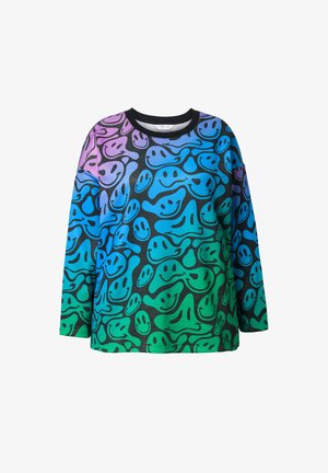 Langærmet sweatshirt med en multikolor gradient af smilende ansigtter i nuancer af blå, grøn og lilla på en sort baggrund.