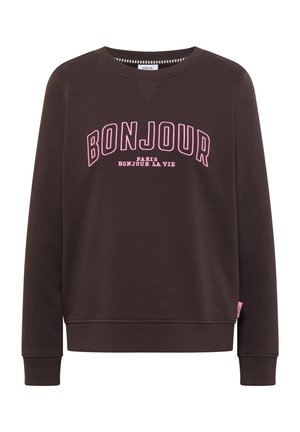 Bruine trui met lange mouwen met roze tekst "BONJOUR" en kleinere tekst "PARIS BONJOUR LA VIE" op de voorkant, geribbelde kraag en manchetten.