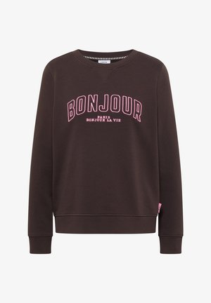 Braunes Sweatshirt mit langen Ärmeln und pinkfarbenem Text "BONJOUR" sowie kleinerem Aufdruck "PARIS BONJOUR LA VIE" auf der Vorderseite, mit geripptem Kragen und Bündchen.