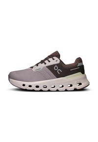 Lace-up athletic shoes in light gray and brown. Features a textured upper, cushioned sole with cutouts, and a waterproof design.