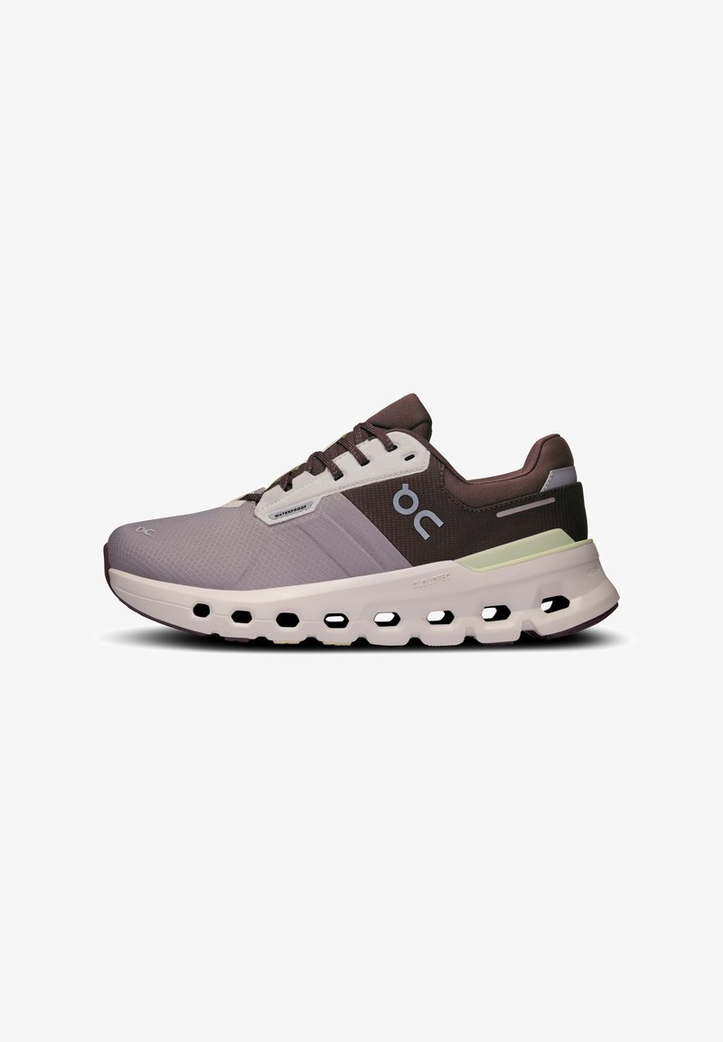 Lace-up athletic shoes in light gray and brown. Features a textured upper, cushioned sole with cutouts, and a waterproof design.
