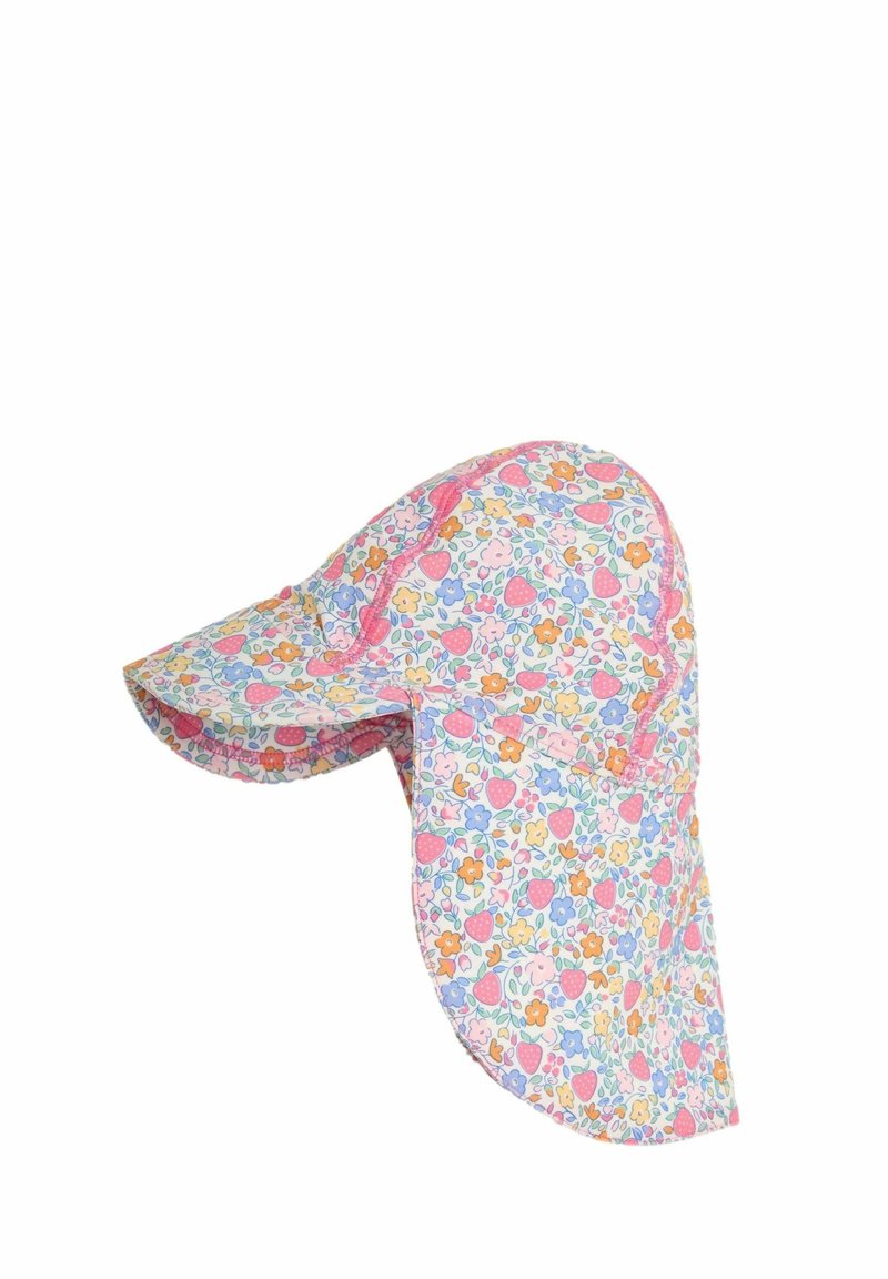 Pălărie de soare florală, realizată dintr-un material ușor, pastelat, cu un model de flori mici și căpșuni, cu boruri largi și clapetă pentru protecția împotriva soarelui.