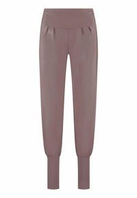 Ljusbruna, högmidjade joggers med veckdetaljer fram, avsmalnande ärmslut och en slät textur.