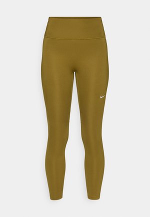 Nike-housut oliivinvihreinä, joissa on korkeavyötärö, tyylikäs muotoilu, sileä pinta ja pieni valkoinen logo vasemmassa reisessä.