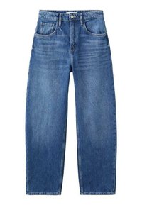 Jeans azzurri chiaro in denim, con vita alta, taglio a gamba dritta, cinque tasche e chiusura con bottoni. Dettagli minimal di sbiaditura e cuciture.