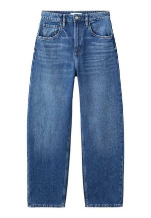 Light blue jeans made of denim, featuring a high waist, straight-leg cut, five pockets, and a button closure. Minimal fading and stitching details.