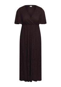 Robe midi marron foncé à manches courtes, col en V croisé, taille élastique et texture jacquard florale subtile.