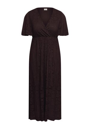 Dunkelbraunes Midikleid mit kurzen Ärmeln, Wickel-V-Ausschnitt, elastischer Taille und feiner floraler Jacquardstruktur.