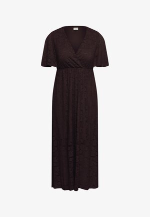 Dunkelbraunes Midikleid mit kurzen Ärmeln, Wickel-V-Ausschnitt, elastischer Taille und feiner floraler Jacquardstruktur.