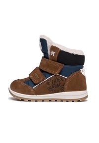 Dziecięce brązowe i niebieskie zimowe buty z białym futrem w środku, dwoma paskami na rzep oraz gumową podeszwą z bieżnikiem zapewniającym przyczepność.