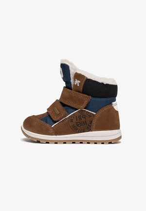 Stivali invernali per bambini color marrone e blu con fodera in pelliccia bianca, due strap in velcro e una suola in gomma con battistrada per garantire aderenza.