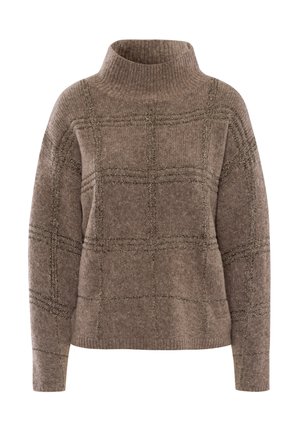 Bruine gebreide trui met een hoge kraag, voorzien van een gestructureerd rasterpatroon en subtiele metallic accenten, gemaakt van zacht, dik garen.