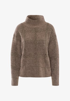 Bruine gebreide trui met een hoge kraag, voorzien van een gestructureerd rasterpatroon en subtiele metallic accenten, gemaakt van zacht, dik garen.