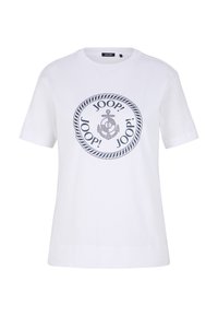 Witte katoenen T-shirt met een cirkelvormige marineblauwe print met het woord "JOOP!" en een ankerontwerp in het midden, korte mouwen en een ronde hals.