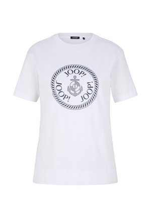 Weißes Baumwoll-T-Shirt mit einem kreisförmigen marineblauen Grafikdesign, das das Wort "JOOP!" und ein Anker-Motiv in der Mitte zeigt, kurzen Ärmeln und Rundhalsausschnitt.