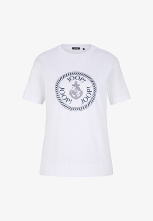 Witte katoenen T-shirt met een cirkelvormige marineblauwe print met het woord "JOOP!" en een ankerontwerp in het midden, korte mouwen en een ronde hals.