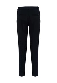Schwarze, taillierte Hosen mit Slim-Fit, ausgestattet mit zwei Gesäßtaschen und einer glatten Textur. Der Bund bietet ein dezentes Markenlogo.