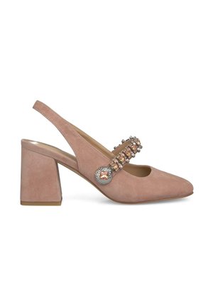 Slingback heeled shoe in soft pink suede, featuring a decorative strap with sparkling embellishments and a squared block heel.