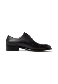 Scarpe eleganti in pelle nera con un pannello testurizzato sulla parte superiore, punta rotonda e tacco basso a blocco. Presenta sei occhielli per il lacci.