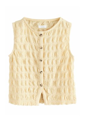 Ärmelloses, beige strukturiertes Oberteil mit Knopfleiste, rundem Ausschnitt und fünf Knöpfen entlang der Mitte.