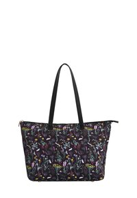 Black fabric tote bag with colorful floral pattern. Features sturdy black handles and a zippered top, suitable for everyday use.