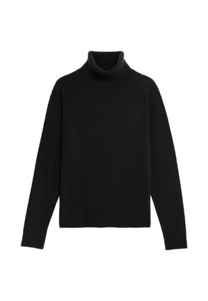 Zwarte coltrui, gemaakt van zacht gebreid materiaal, heeft lange mouwen, een omgeslagen kraag en een rechte zoom met ribbelaccenten.