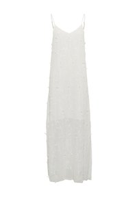 Vit ärmlös klänning gjord av texturerad tyg, med ett broderat bladmönster. Designad i en löst, flödande siluett.