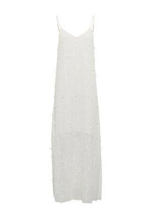 Weißes ärmelloses Kleid aus strukturiertem Stoff, mit einem bestickten Blattmuster. Entworfen in einer lockeren, fließenden Silhouette.