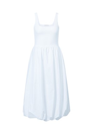 White sleeveless dress with a fitted ribbed bodice and a flowing, gathered skirt. Made of lightweight fabric, featuring a midi length.
