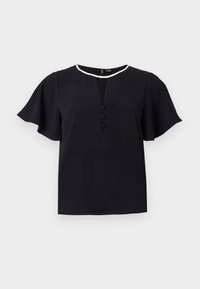 Black short-sleeve top with a textured fabric, rounded neckline, and three buttons along the front. Trimmed with a contrasting white edge.