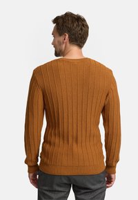 Rust-colored ribbed sweater with long sleeves, textured finish, and a round neckline. Features a fitted hem and subtle detailing along the seams.