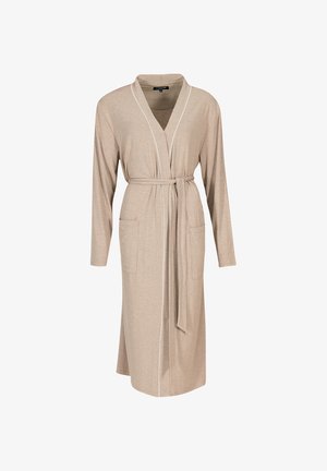 Accappatoio in cotone beige con maniche lunghe, colletto a scialle e cintura in tessuto. Dotato di due tasche frontali e piping bianco lungo i bordi.
