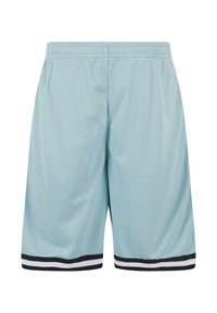 Short de sport en mesh bleu clair avec taille élastique et bord rayé noir et blanc à l'ourlet.
