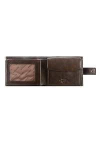 Brown leather wallet with a smooth texture, featuring a clear ID window, a flap pocket, and embossed branding along the edge.