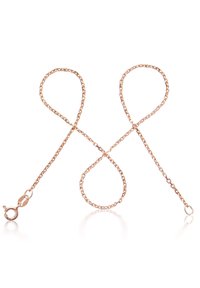 Roségoldkette mit ineinandergreifenden Schlaufen, ausgestattet mit einem Karabinerhaken. Die Kette zeigt ein feines, strukturiertes Muster und reflektiert Licht.