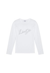 T-shirt bianco a maniche lunghe in cotone, con un logo glitterato "Liu Jo" argento sul petto. Texture liscia, scollatura tonda.