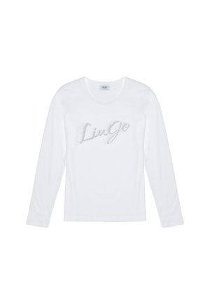 T-shirt bianco a maniche lunghe in cotone, con un logo glitterato "Liu Jo" argento sul petto. Texture liscia, scollatura tonda.