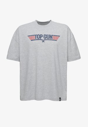 Szara koszulka z krótkim rękawem, wykonana z mieszanki bawełny, z niebieską i czerwoną grafiką "TOP GUN" z paskami i wzorem gwiazdy z przodu.