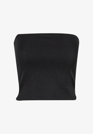 Top nero senza spalline realizzato in un materiale liscio e lucido. Presenta un design aderente senza cuciture, offrendo una silhouette slanciata.