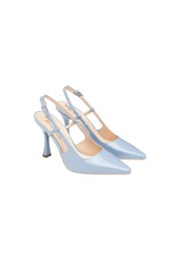 Tacchi slingback in vernice blu chiaro con punta affusolata, cinturino alla caviglia regolabile e un elegante tacco a spillo. Superficie semplice e liscia.