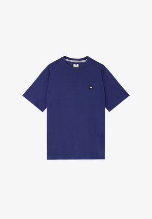 Effen donkerblauw T-shirt met korte mouwen, ronde hals en een klein vierkant logo op de linkerborst.