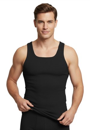 Débardeur noir en tissu lisse et élastique. Il présente un col carré et de larges bretelles. Coupe près du corps avec un design uni.