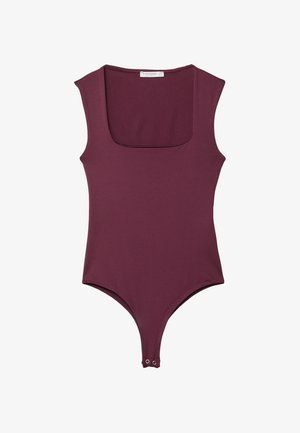 Bez rukava bordo bodi s kvadratnim izrezom i dugmadima za kopčanje na donjem dijelu.