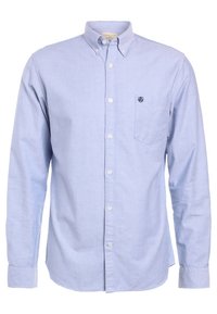 Ljusblå skjorta i bomull med knappstängning, utrustad med en bröstficka med logotyp, lång ärm och en klassisk kragsdesign.