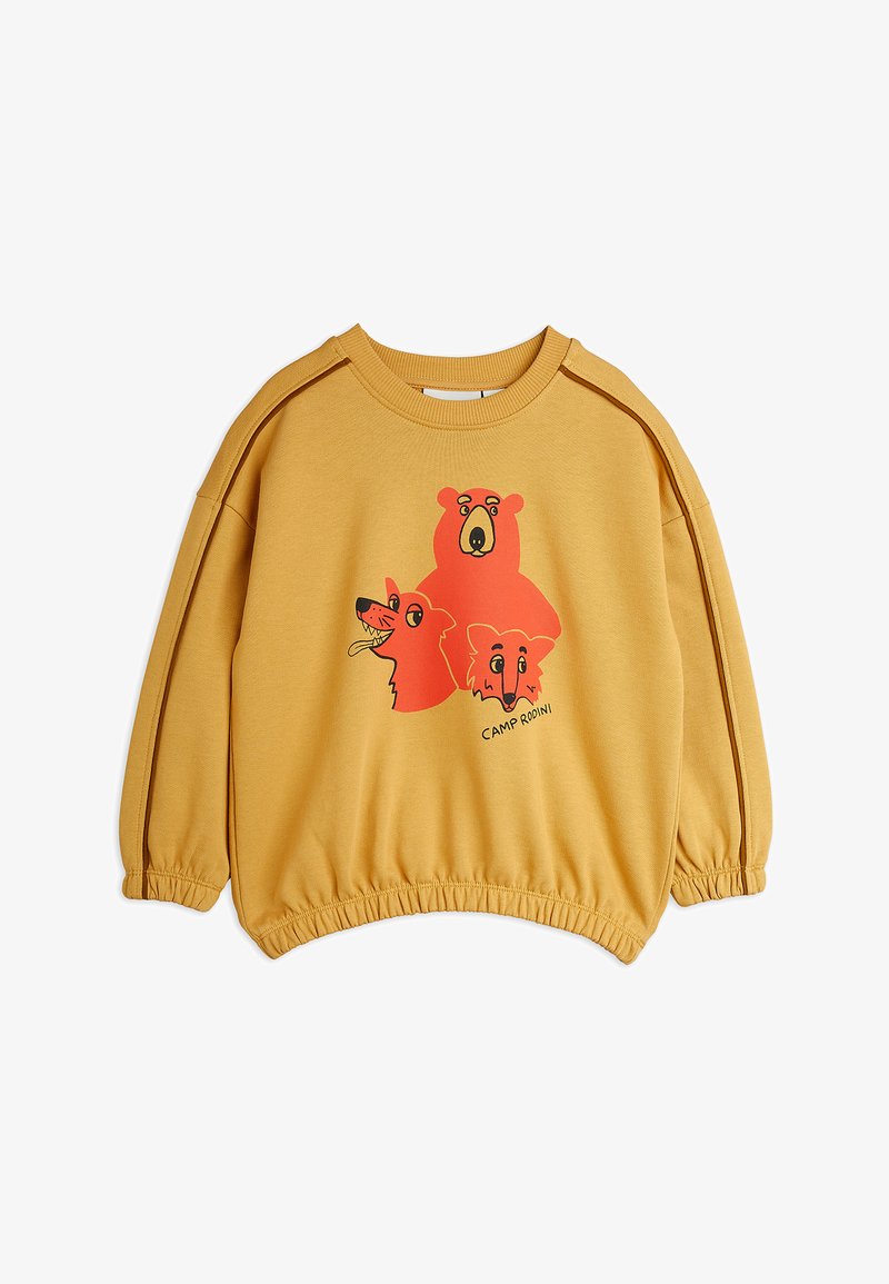 Pullover giallo con tre illustrazioni di animali (orso, cane, volpe) in arancione. Presenta un colletto a coste e orlo elasticizzato con strisce laterali.