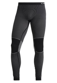 Leggings deportivos en negro y gris con un ajuste ceñido, tejido texturizado, paneles en negro contrastantes, costuras blancas y un logo en la cinturilla.